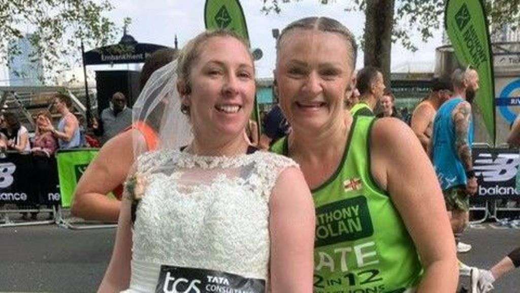 Widow ends anniversary marathon in wedding dress